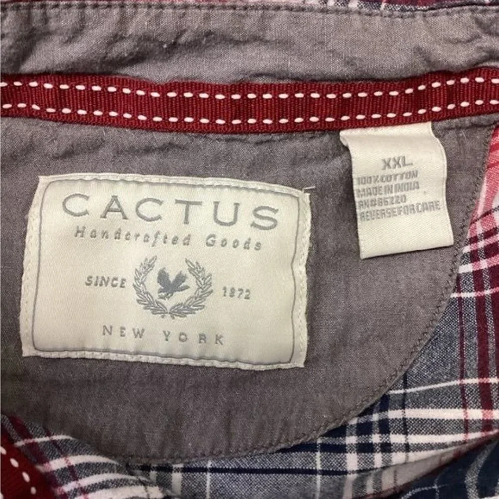 Mens Cactus Madras Plaid Short Sleeve Button-Up Shirt XXL Red & Blue Cotton